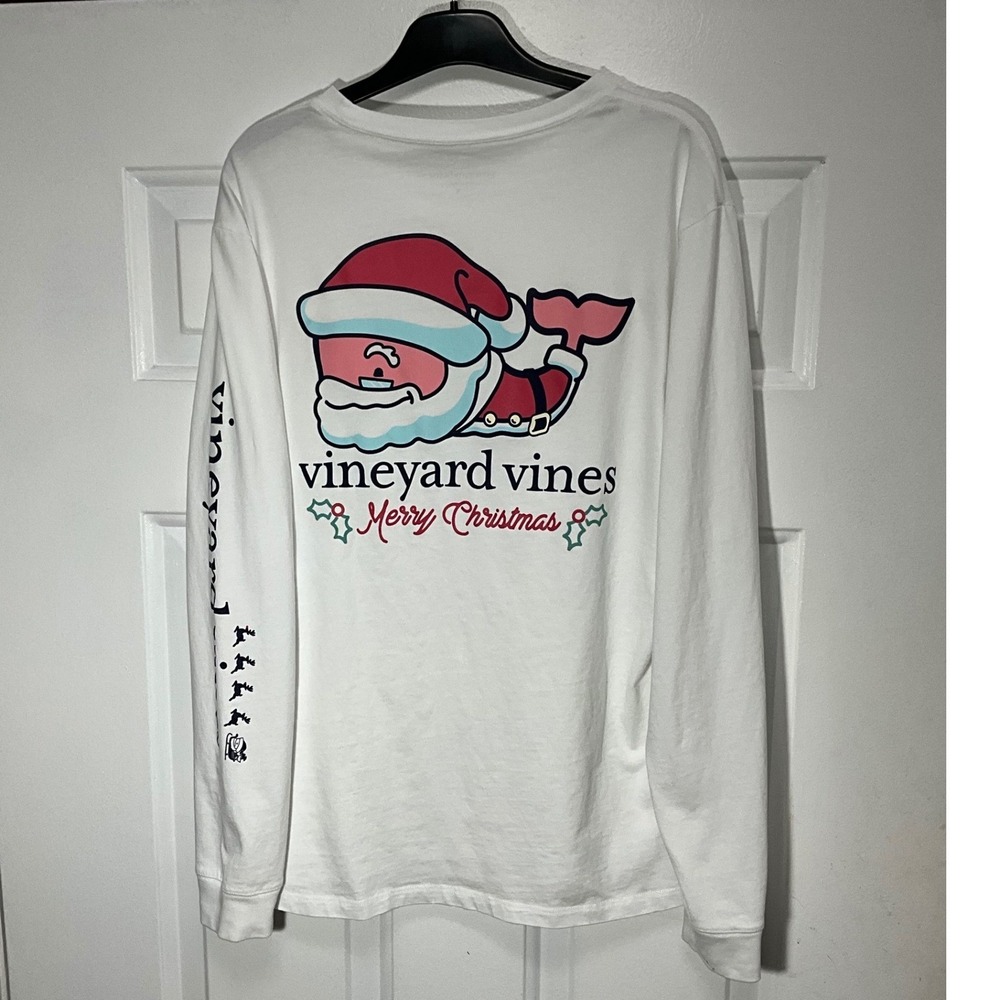 Vineyard Vines Mens Santa Whale Christmas Long Sleeve Pocket T-Shirt White S